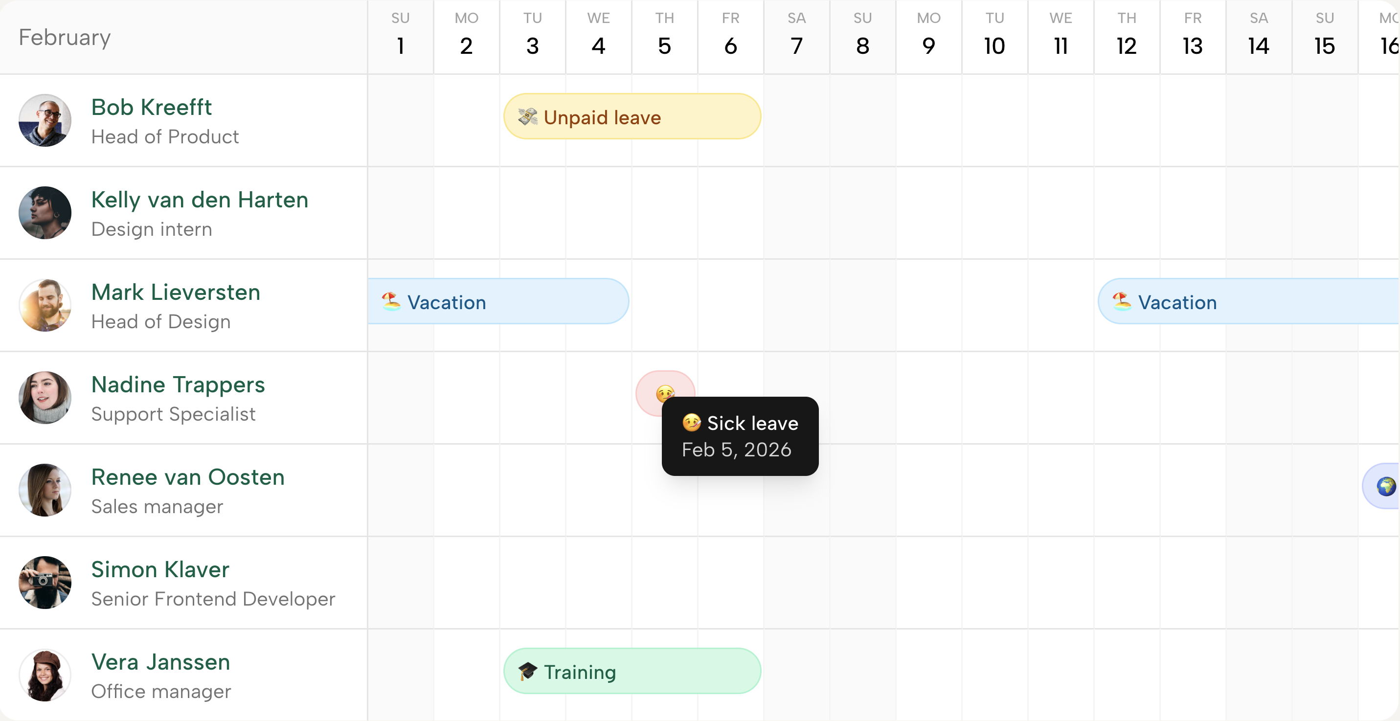 Heartwork time-off calendar showing requests, approvals, and balances